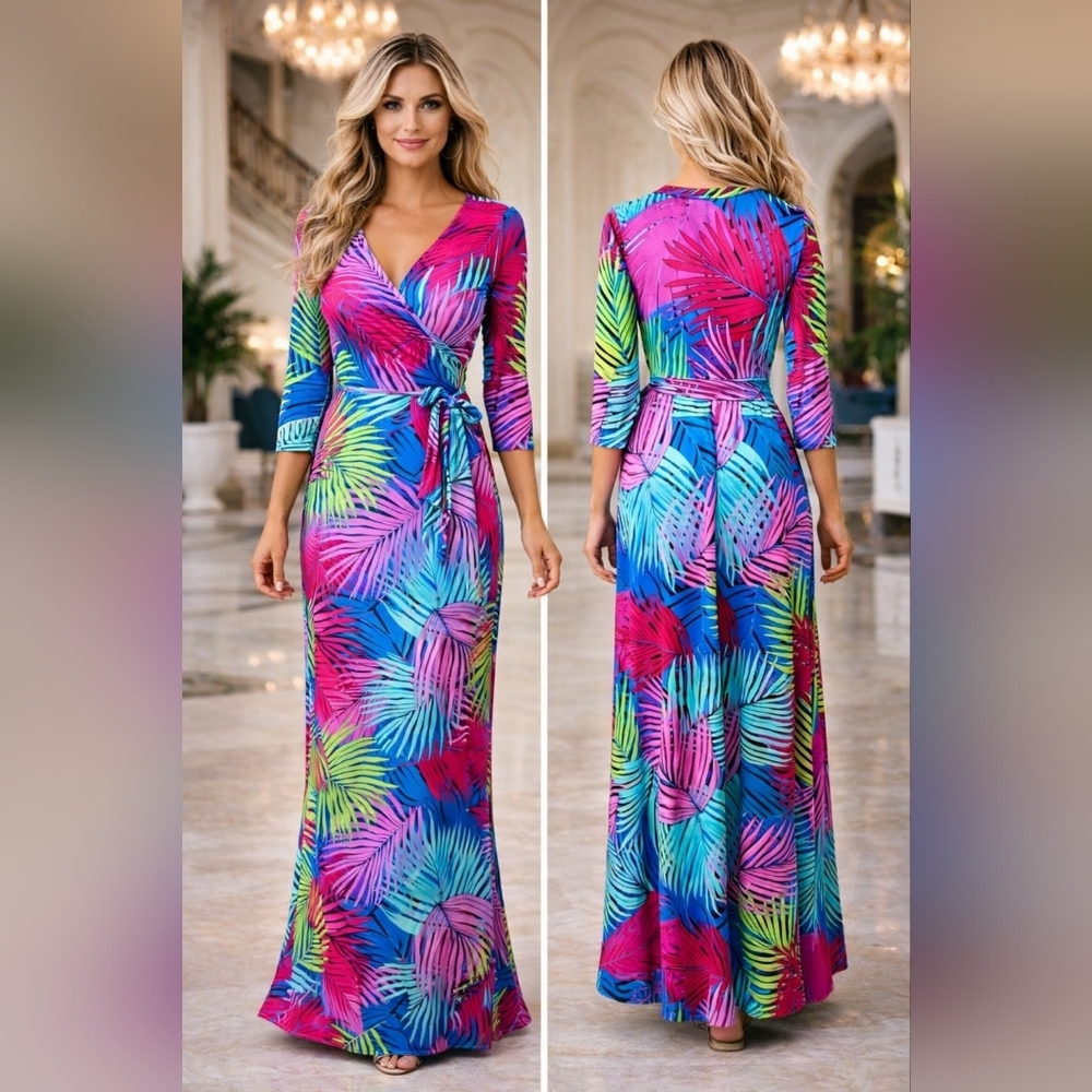 Tropical Multicolor Women's Palm Print Faux Wrap Maxi Dress Casual Size M.